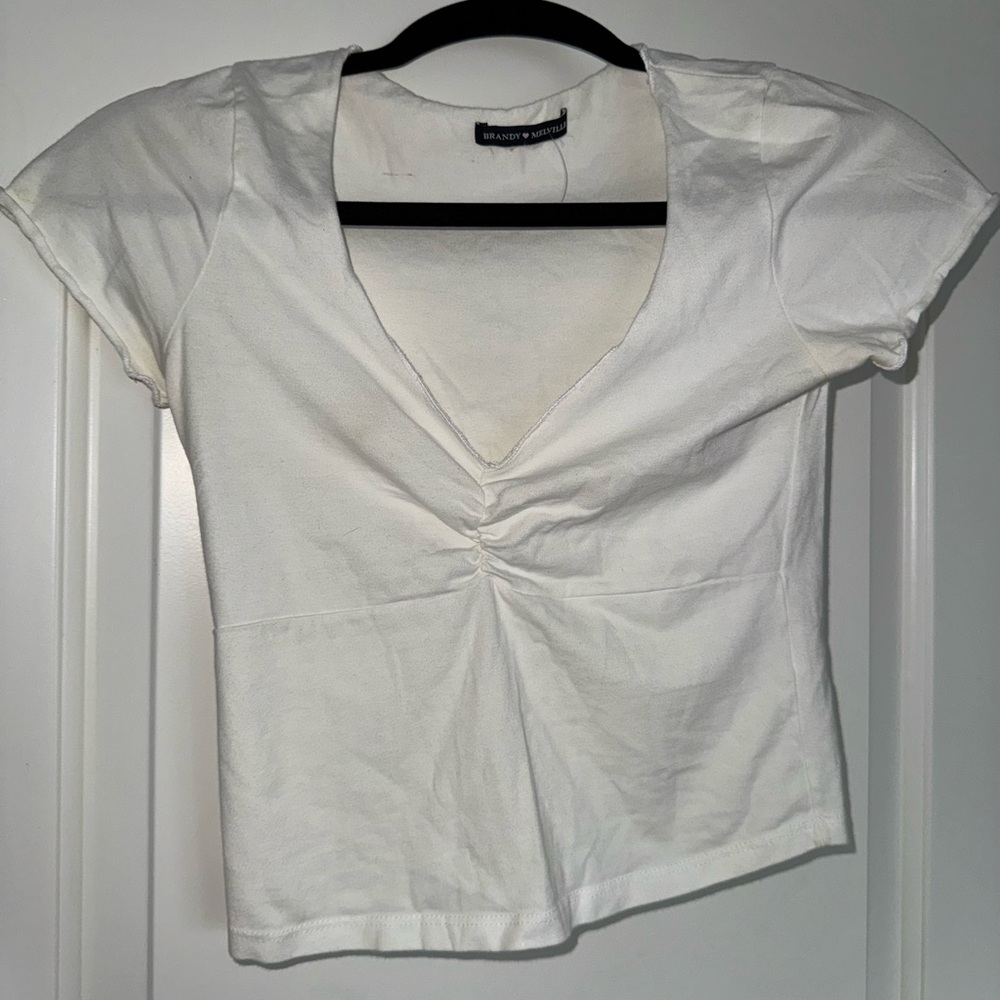 brandy melville Women's Cream V-Neck Short Sleeve Top